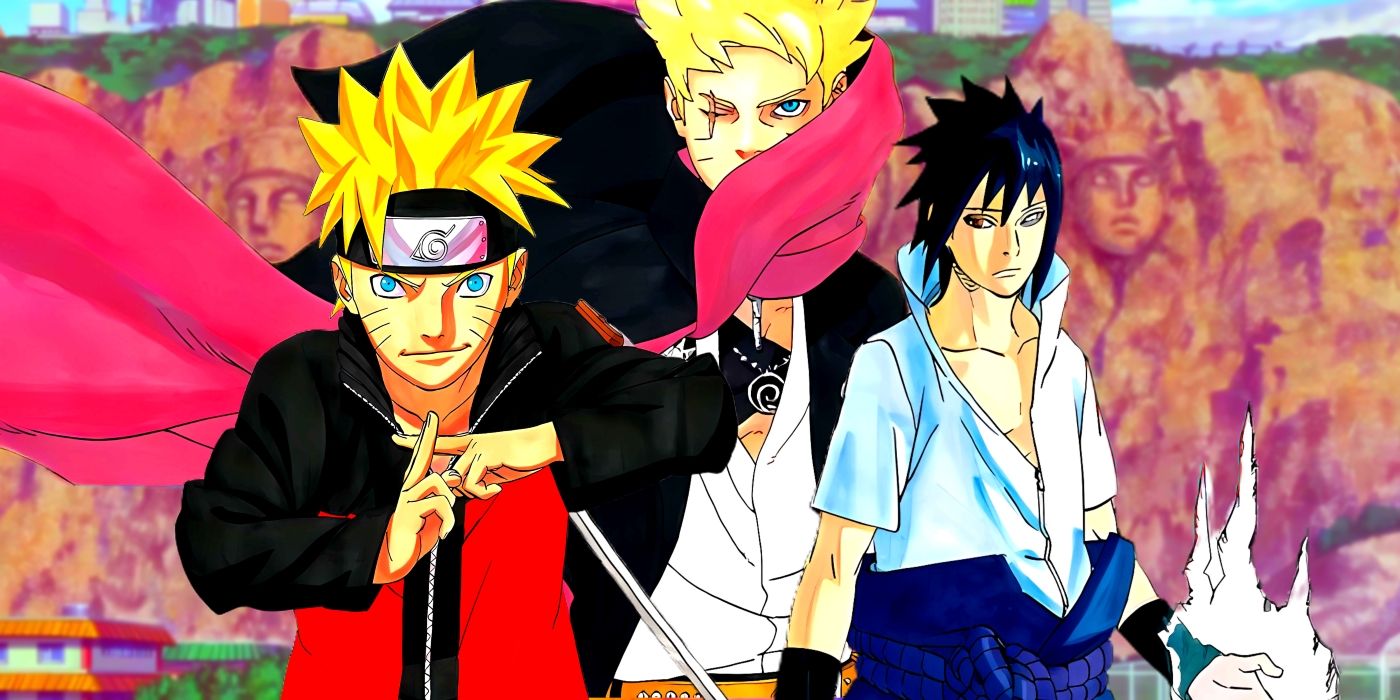 Boruto, Naruto, and Sasuke standing side by side. Behind them, the Hokage mountain can be seen.