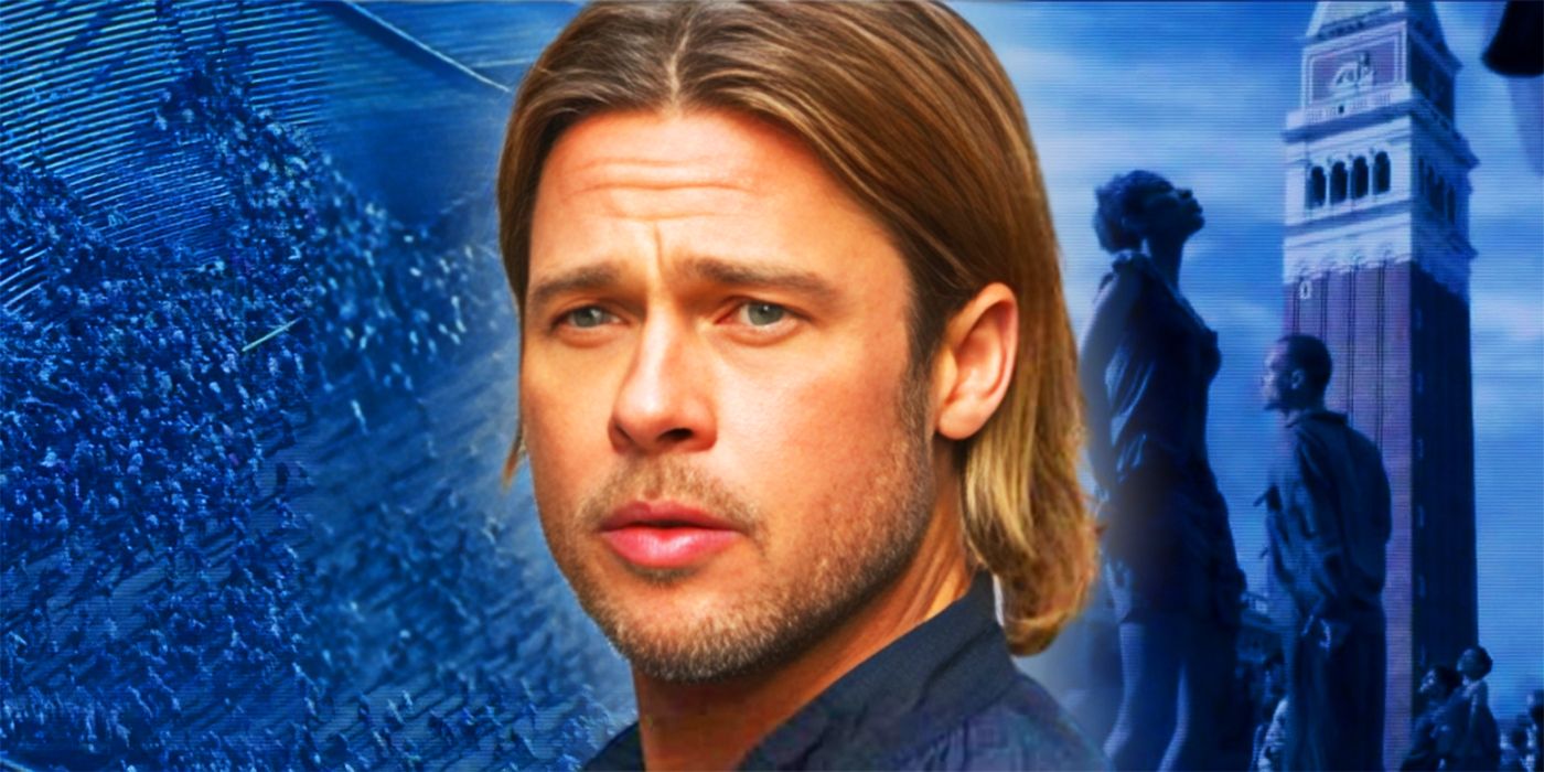 Brad Pitt como Gerry Lane em Guerra Mundial Z na frente de uma Horda de Zumbis