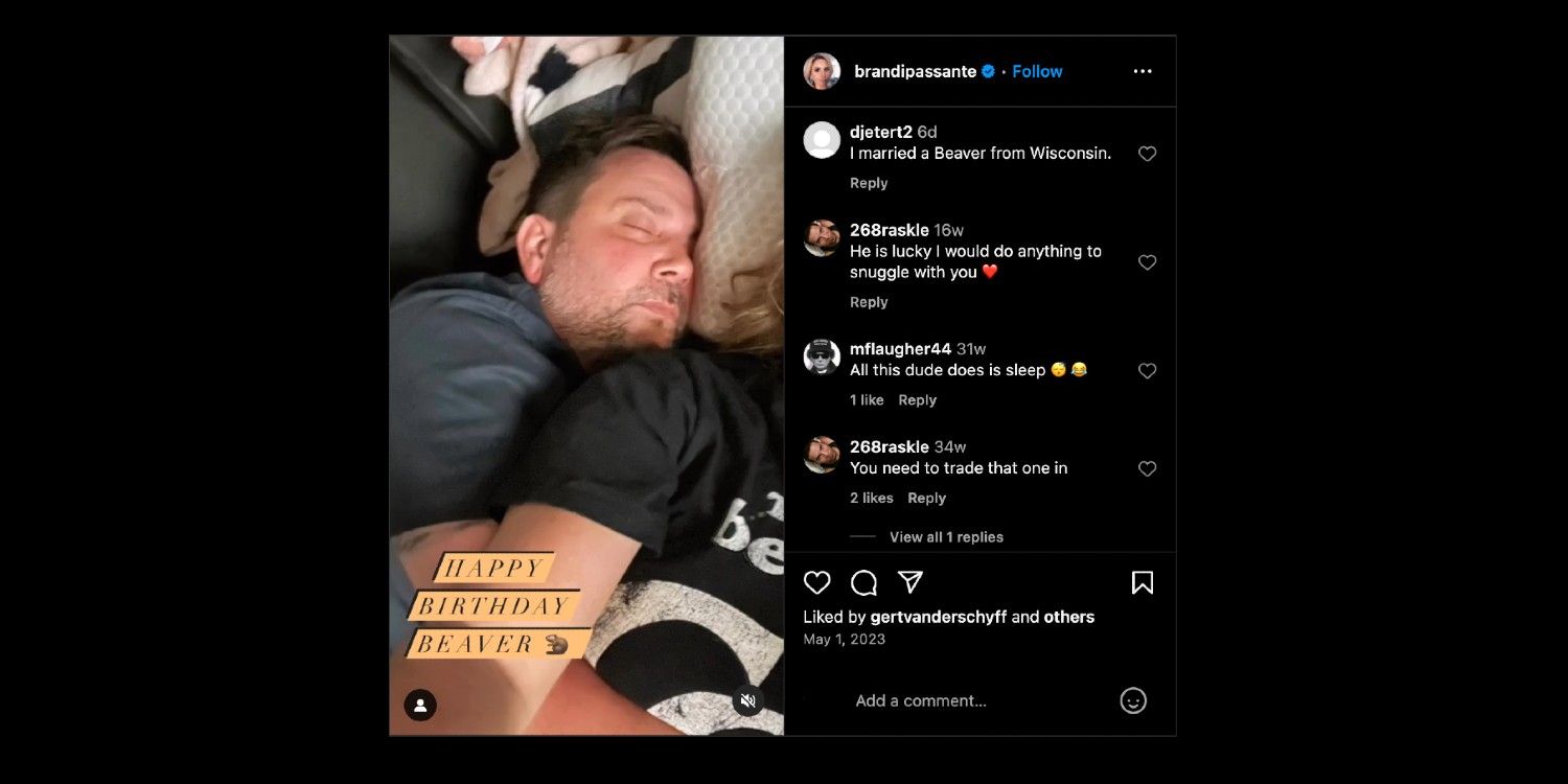A screenshot of Brandi Passante’s Instagram, featuring a still from a video of Clifford Beaver sleeping.