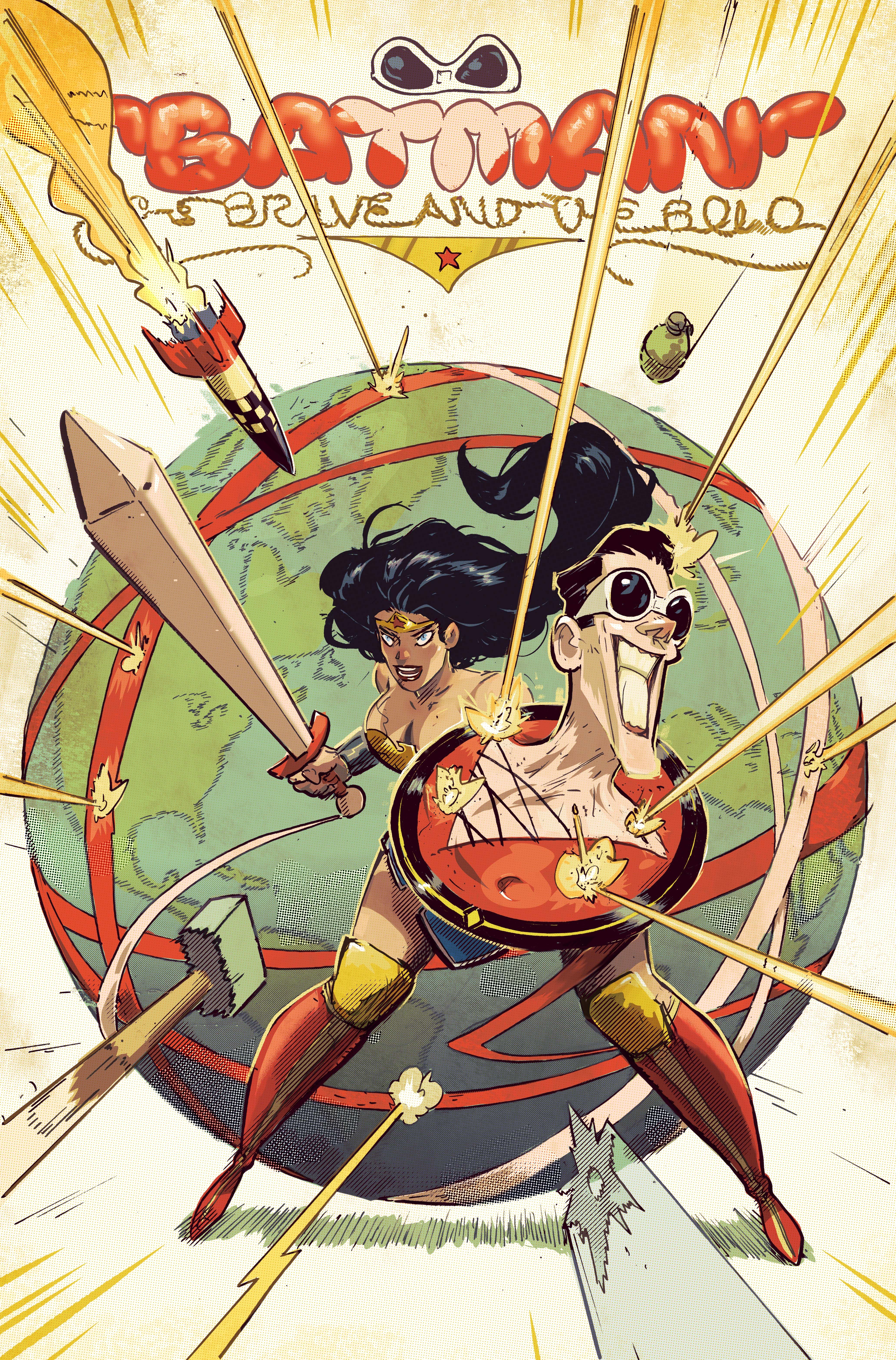 Batman The Brave and the Bold 19 Rossmo Variant Cover: Wonder Woman uses Plastic Man as a shield in front of the Earth.