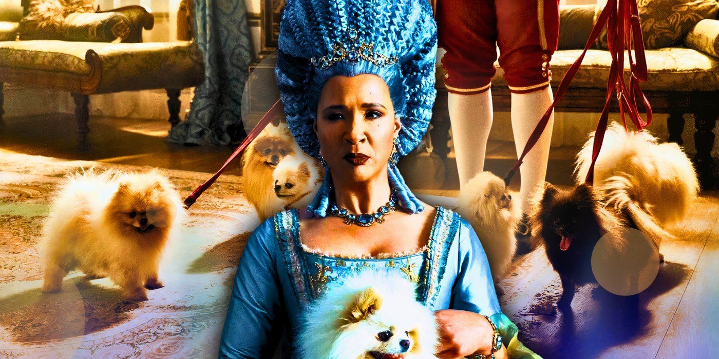 Queen Charlotte with blue hair holding a dog