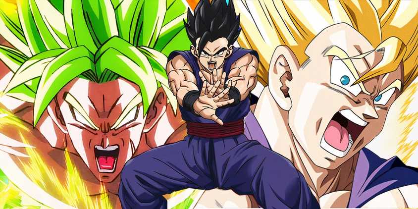 Broly powering up to the left, Gohan readying an attack in the center and Super Saiyan Gohan to the right powering up