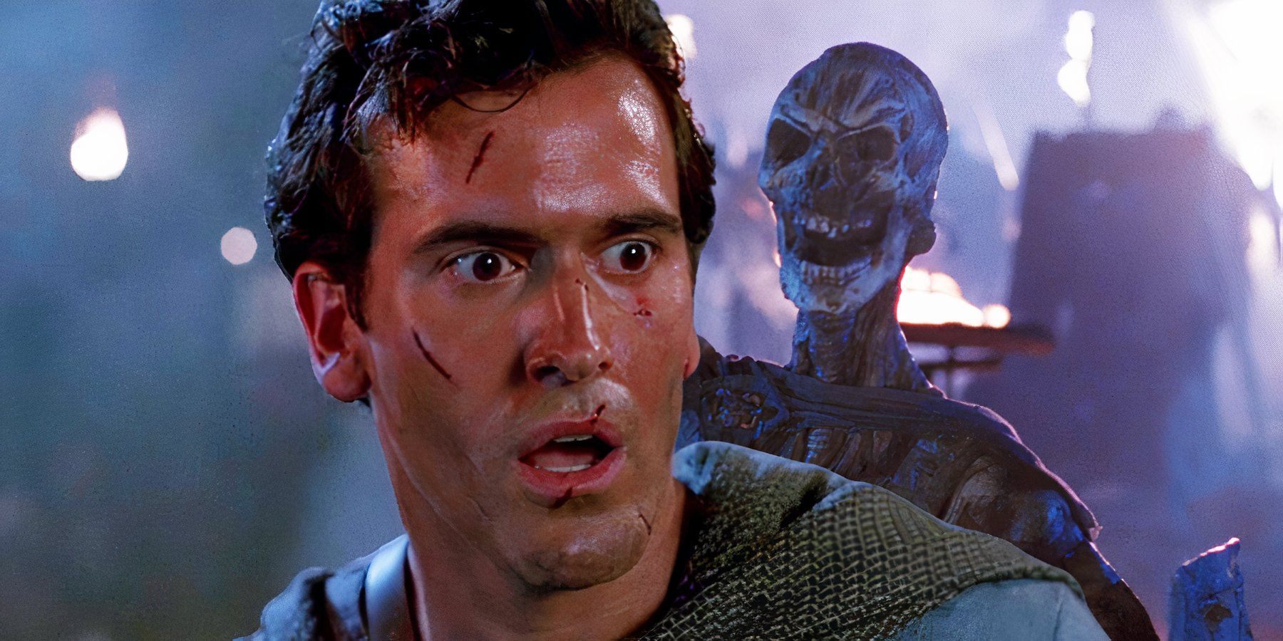 Bruce Campbell as Ash Williams is side by side with a skeleton in Army of Darkness