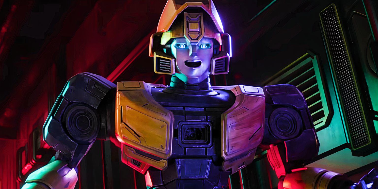 Bumblebee sonríe y habla con su visor en Transformers One