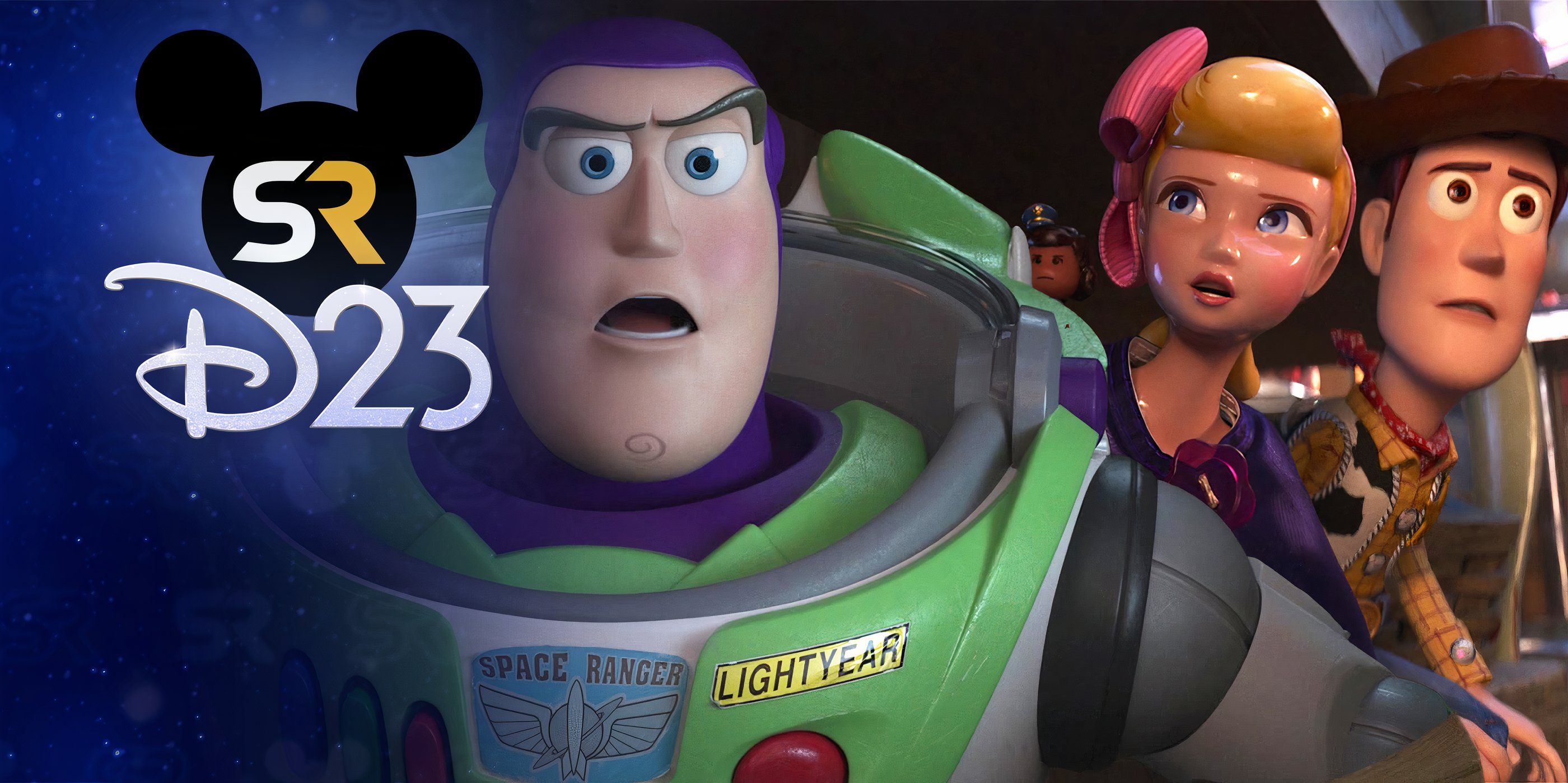 Buzz, Woody and Bo-Peep looking worried in Toy Story 4 D23 header
