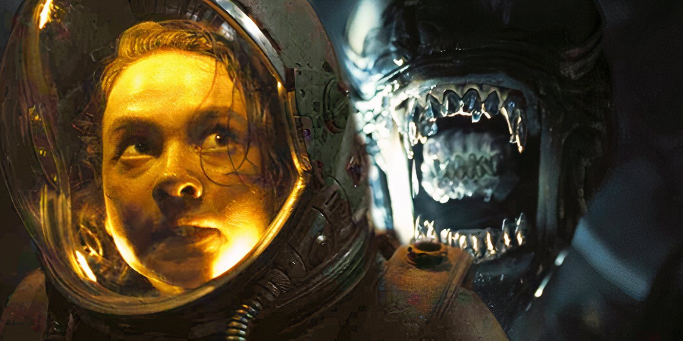 Cailee Spaeny in the spacesuit while a Xenomorph opens its mouth in Alien Romulus