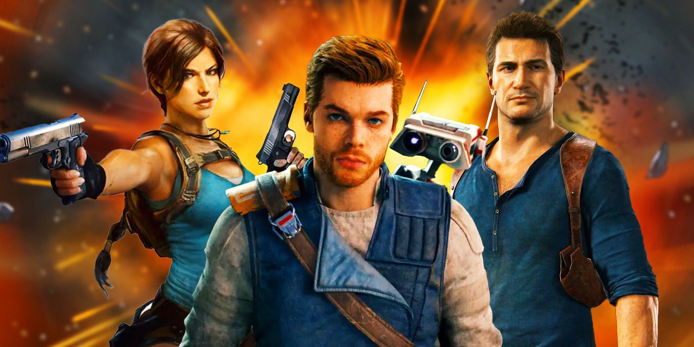 Cal Kestis from Star Wars Jedi Survivor, with Nathan Drake from Uncharted and Lara Croft from Tomb Raider
