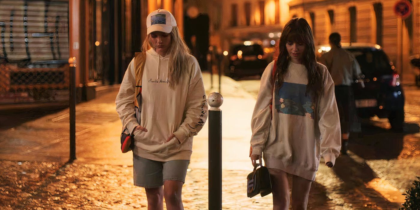 Camille (Camille Razat) and Emily (Lily Collins) in their Monet merch in Emily in Paris s4