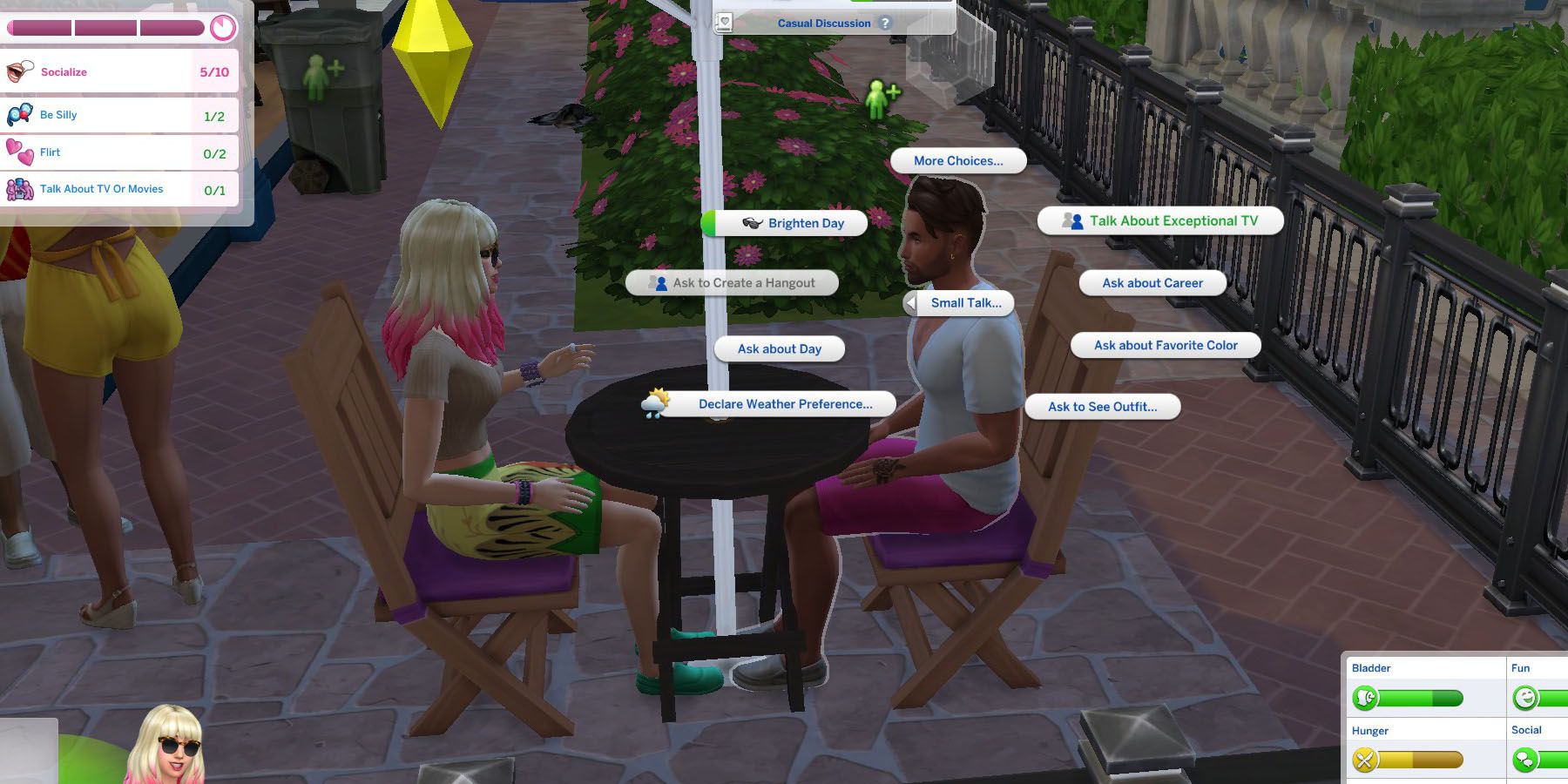 Candy Behr pergunta ao seu encontro às cegas sobre TV no The Sims 4 Lovestruck