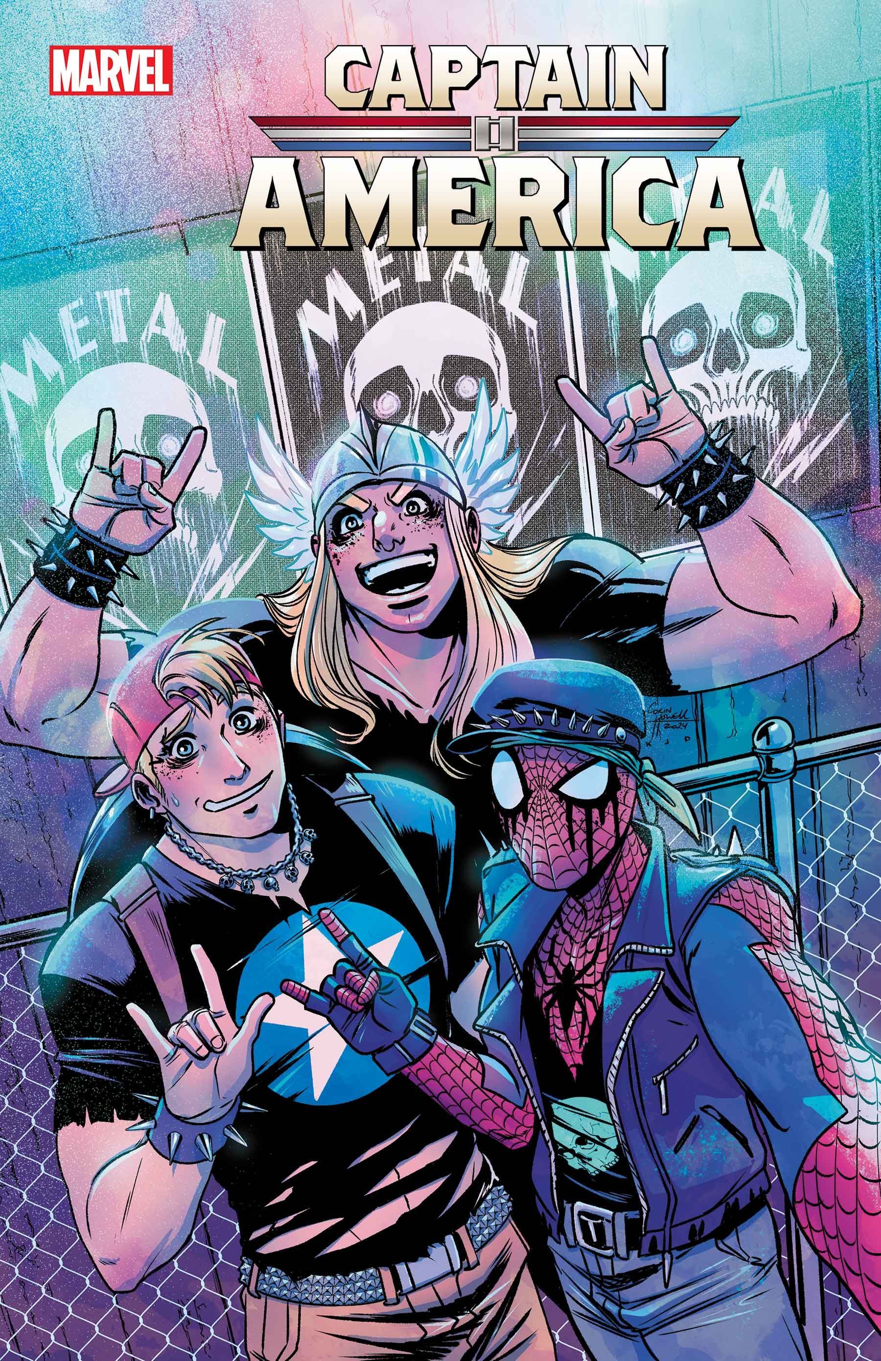 A version of Steve Rogers, Thor and Spider-Man attending a heavy metal concert, decked out in studded, ripped clothes and thick eyeliner. Steve looks upset.