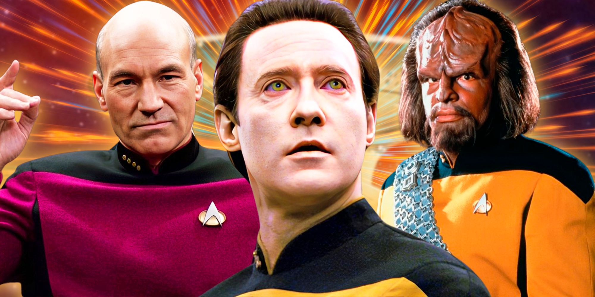 Patrick Stewart as Captain Picard, Brent Spiner as Data, &amp; Michael Dorn as Worf from Star Trek: The Next Generation (TNG)