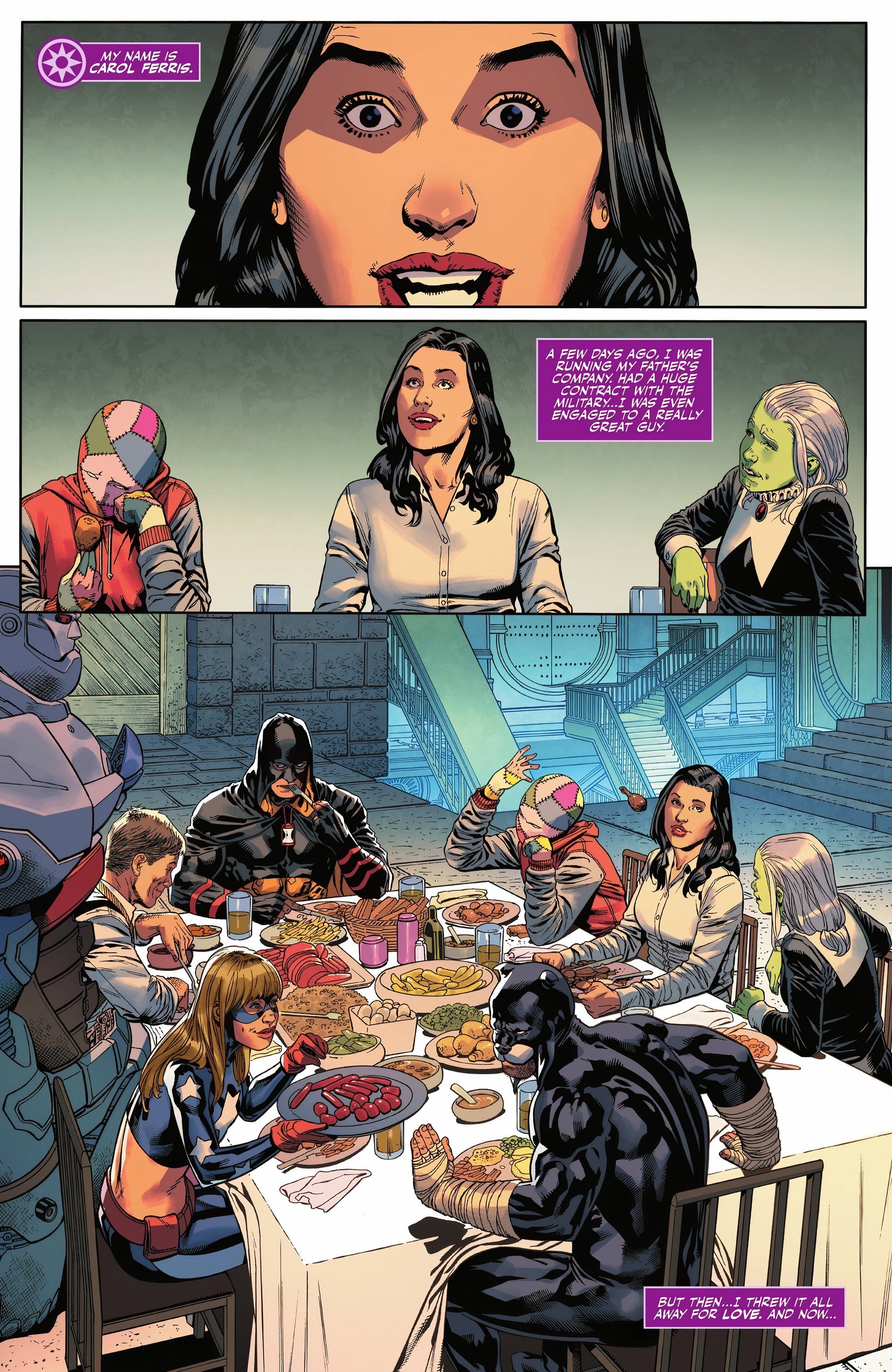 Carol Ferris jantando com a Sociedade da Justiça e refletindo DC