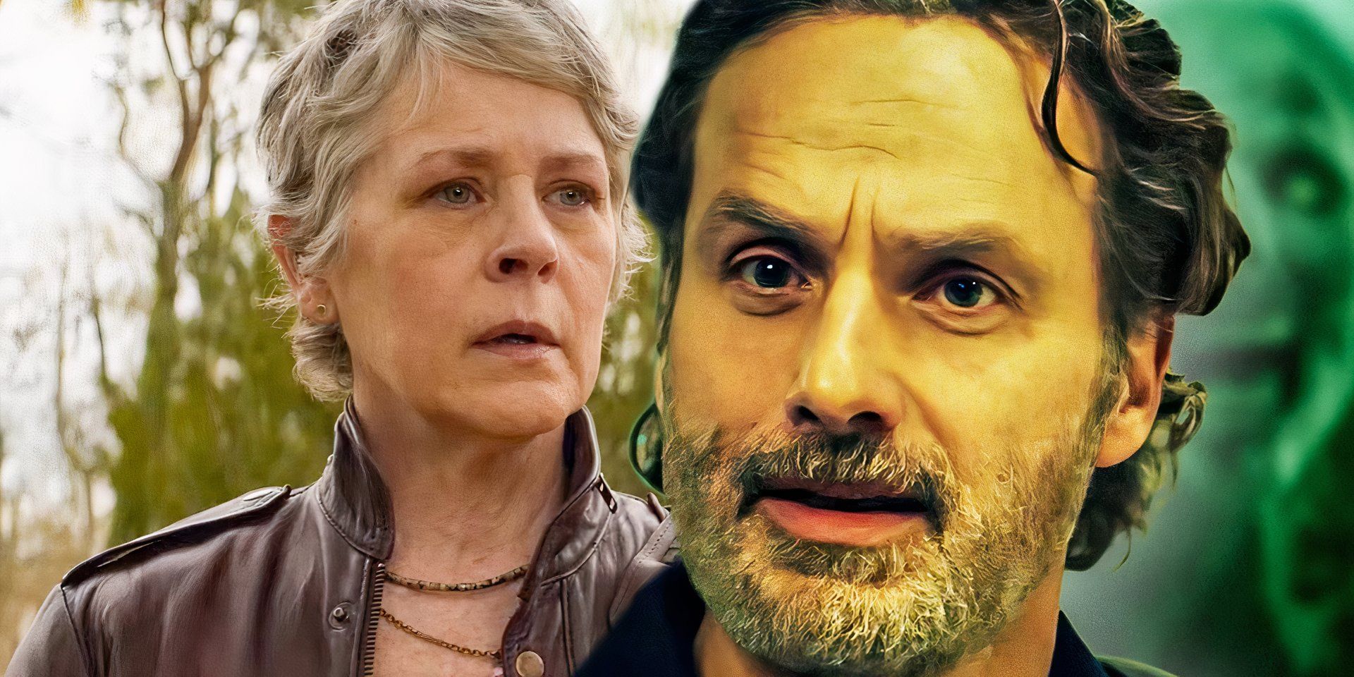 Melissa McBride as Carol Peletier in The Walking Dead Daryl Dixon Season 2 next to Andrew Lincoln as Rick Grimes in The Walking Dead The Ones Who Live