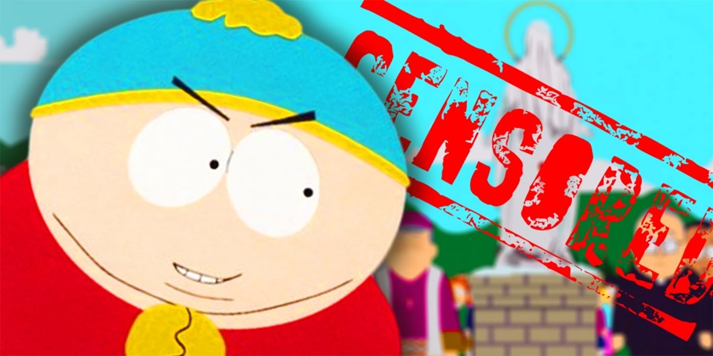 Cartman from South Park standing in front of a Censored Virgin Mary Statue