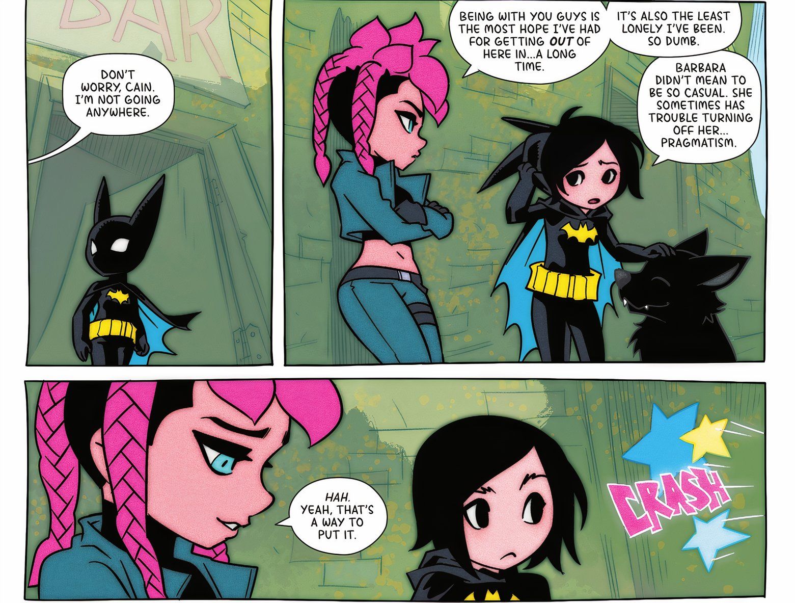 Cassandra Cain no estilo chibi tira o capuz da Batgirl para falar com Cela