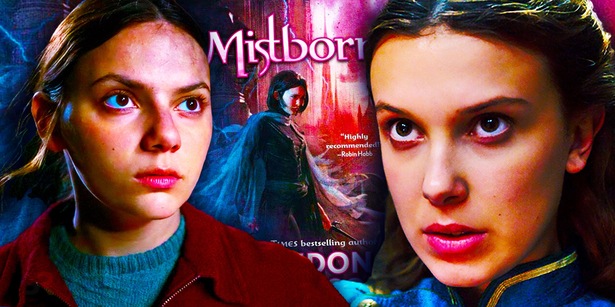 Dafne Keen as Lyra in His Dark Materials and Millie Bobby Brown over an image of the Mistborn cover with Vin on it