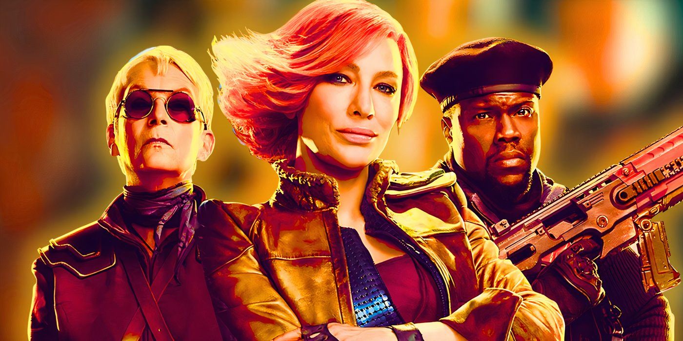 Cate Blanchett como Lilith parecendo presunçosa com Jamie Lee Curtis como Tannis e Kevin Hart como Roland, ambos parecendo sérios em Borderlands