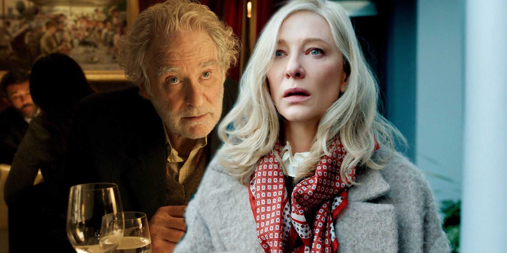 Cate Blanchett looking spooked as the journalist and an older man having dinner in Disclaimer