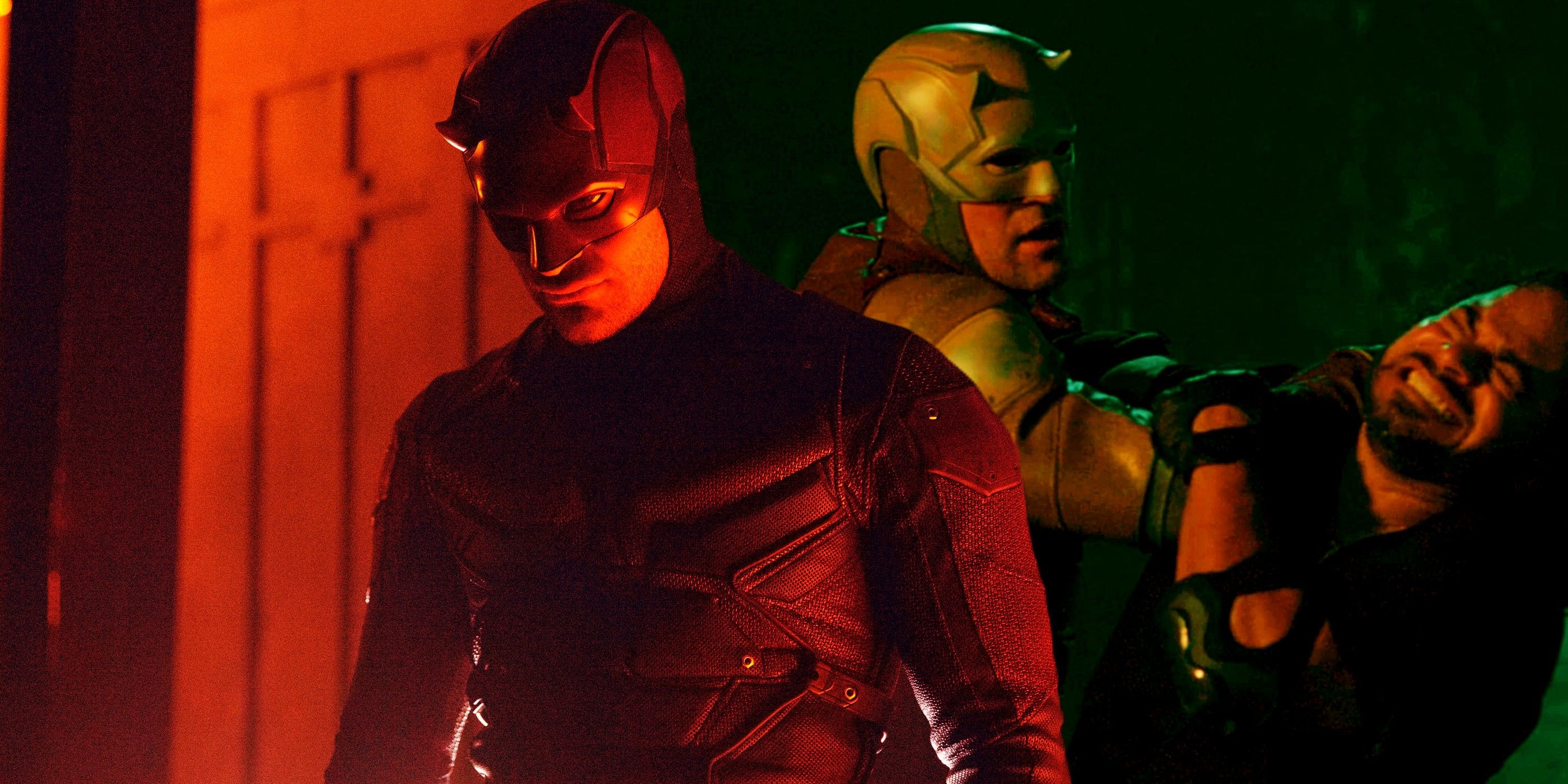 Charlie Cox In Red Daredevil Suit From Netflix Show And In The Yellow And Red Costume From She-Hulk