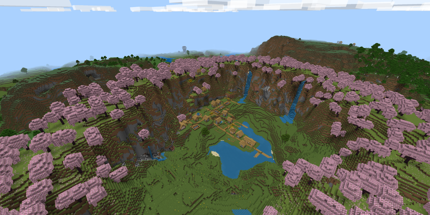 Vista aérea de uma vila em um crator de Cherry Grove, com um posto avançado de saqueadores ao fundo na semente de Cherry Village Grove PE em Minecraft.