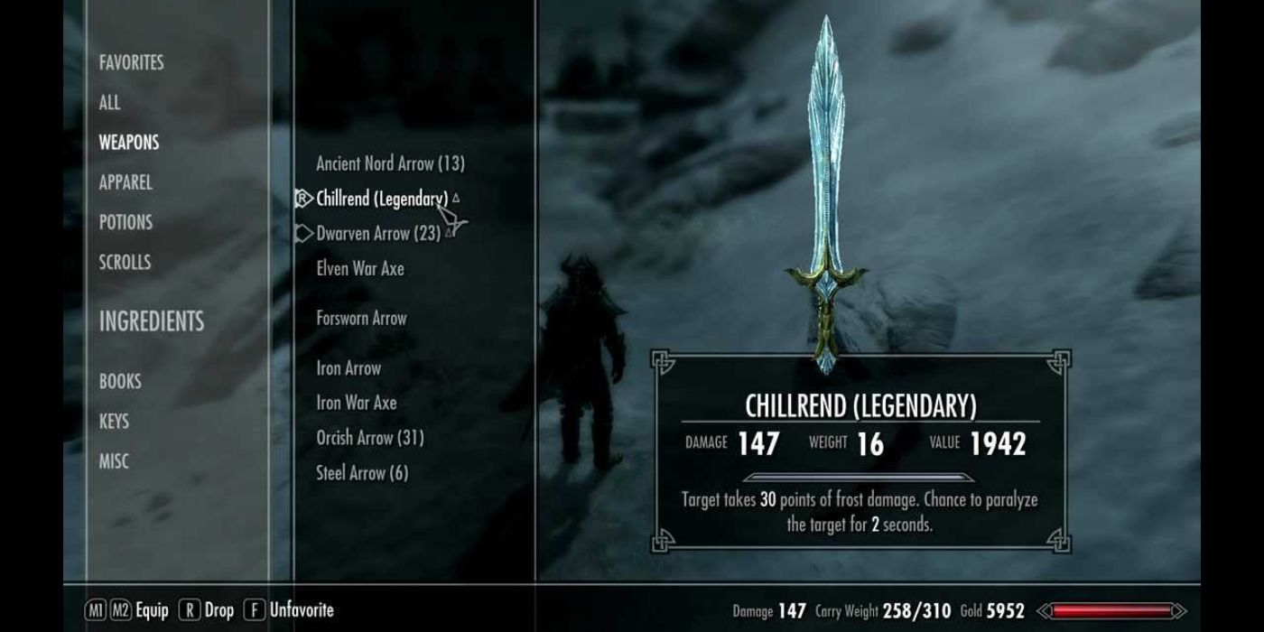 Players looking at Chillrend Legendary weapon and stats in their inventory in Skyrim.