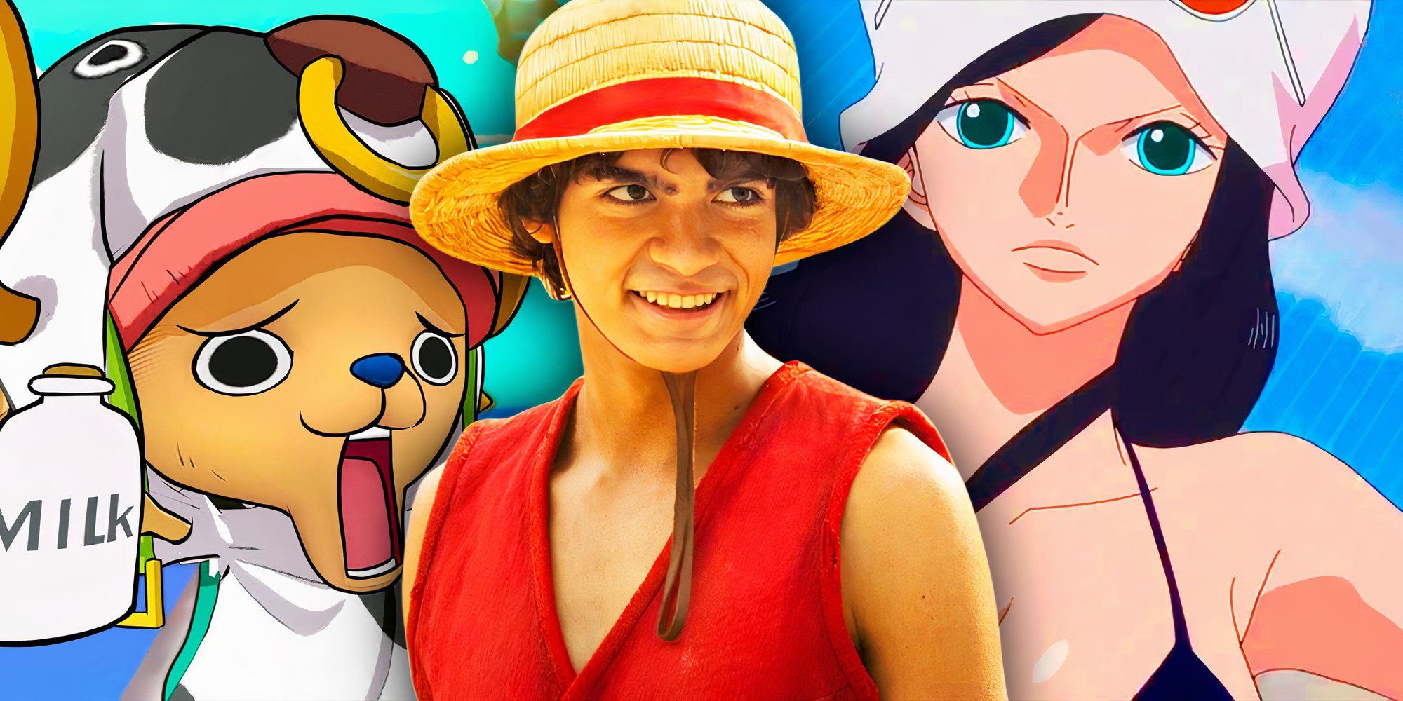 Chopper and Robin from the One Piece anime and Luffy in live-action