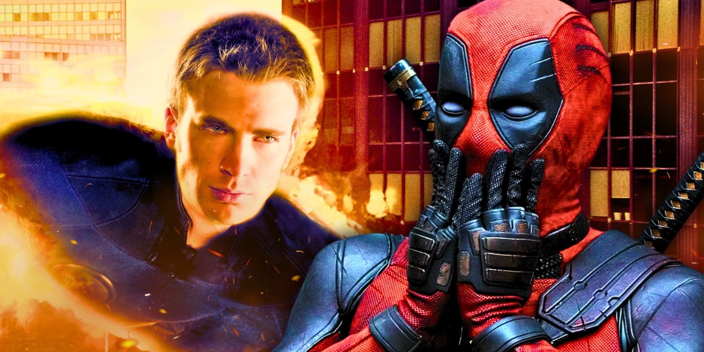 Chris Evans As Johnny Storm Flying With Flames Around Him And Ryan Reynolds As Deadpool Looking Shocked In Deadpool & Wolverine