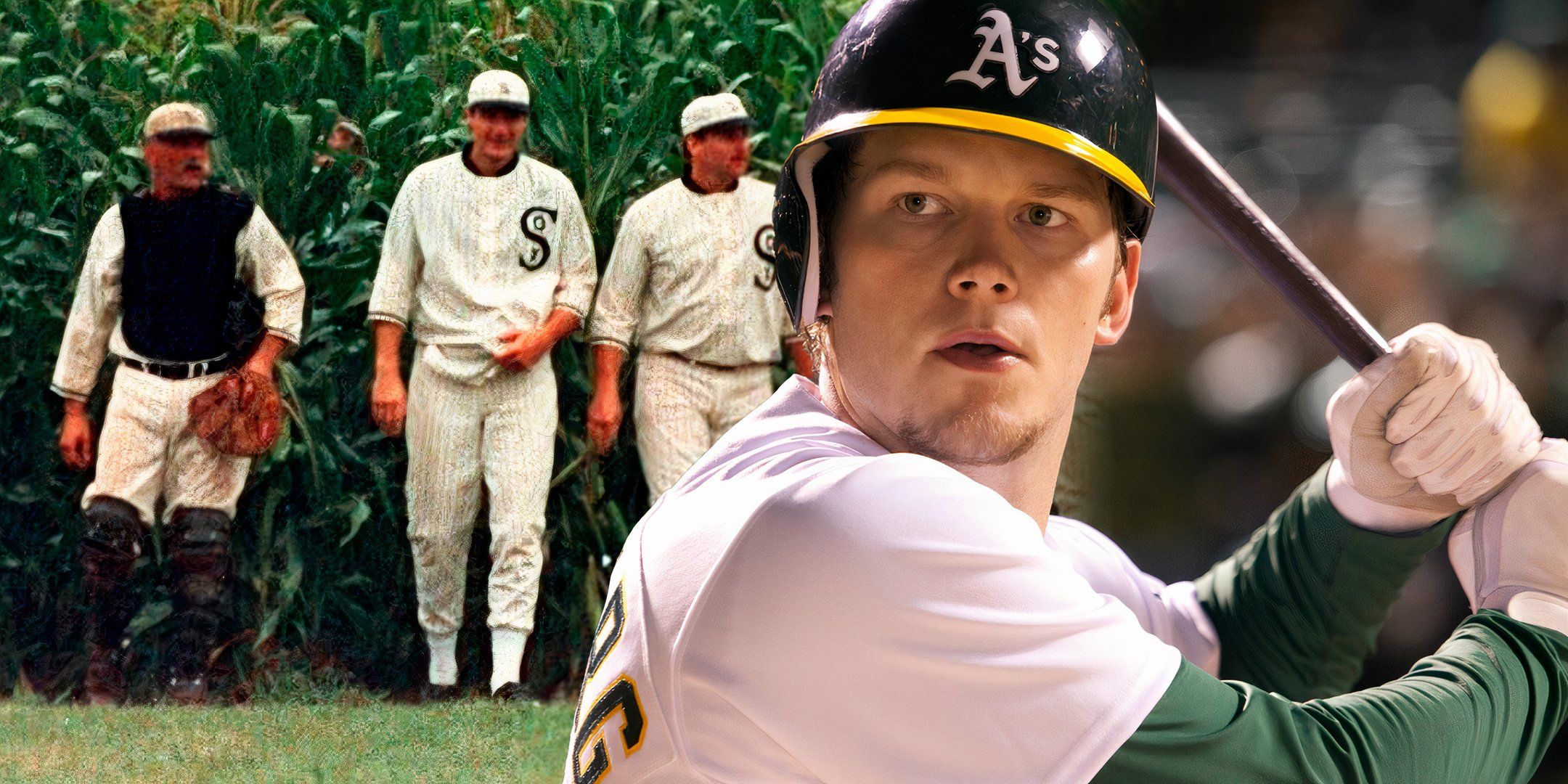 Chris Pratt from Moneyball looking at the Chicago White Sox coming out of the cornfield in Field of Dreams