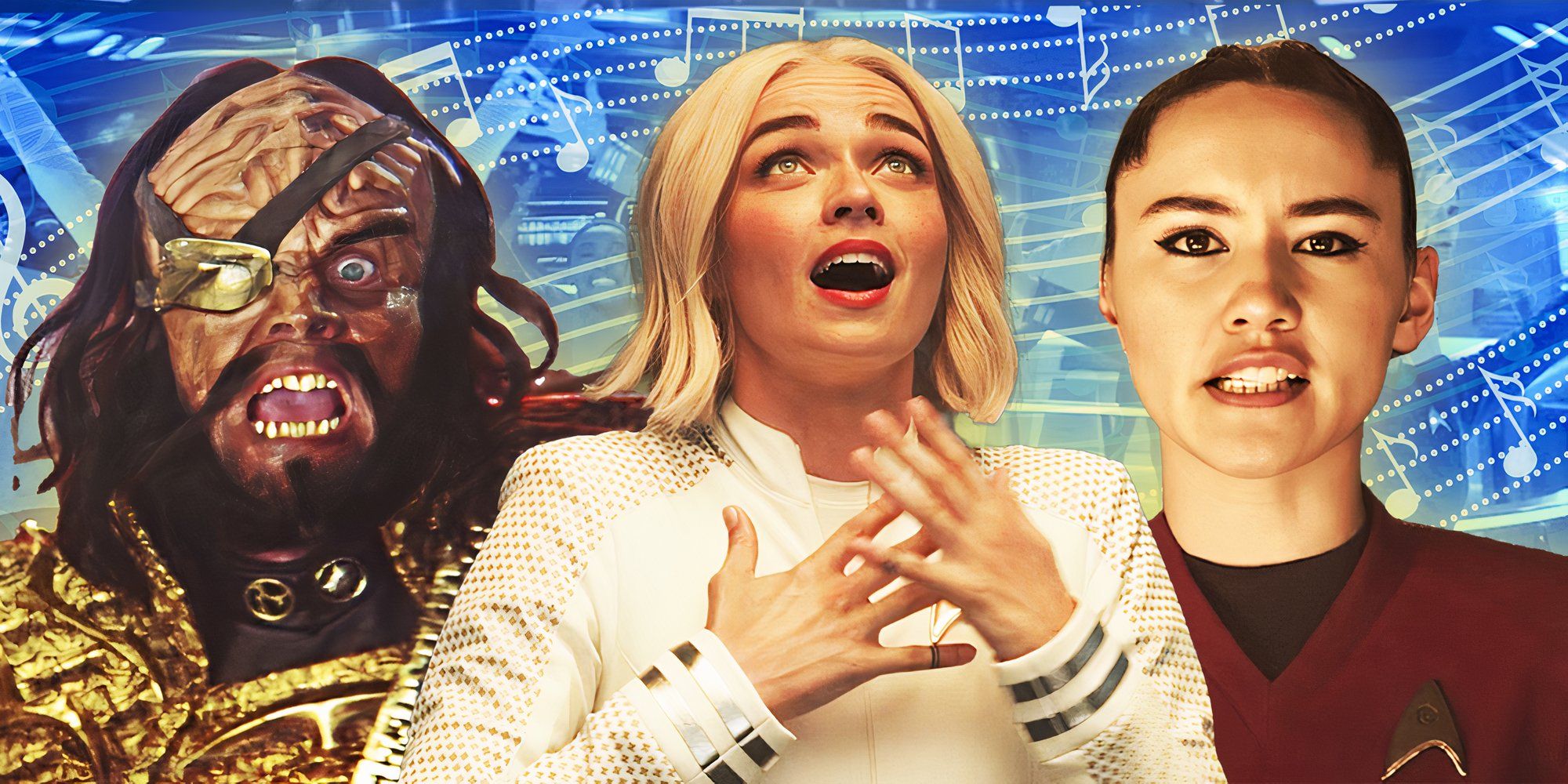 Christina Chong as La’an, Jess Bush as Chapel, and Bruce Horak as singing Klingon all singing from Star Trek