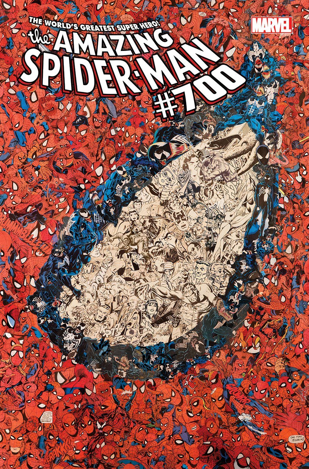 Capa incrível do Homem-Aranha #700 mostrando o olho do Aranha feito de uma colagem dele