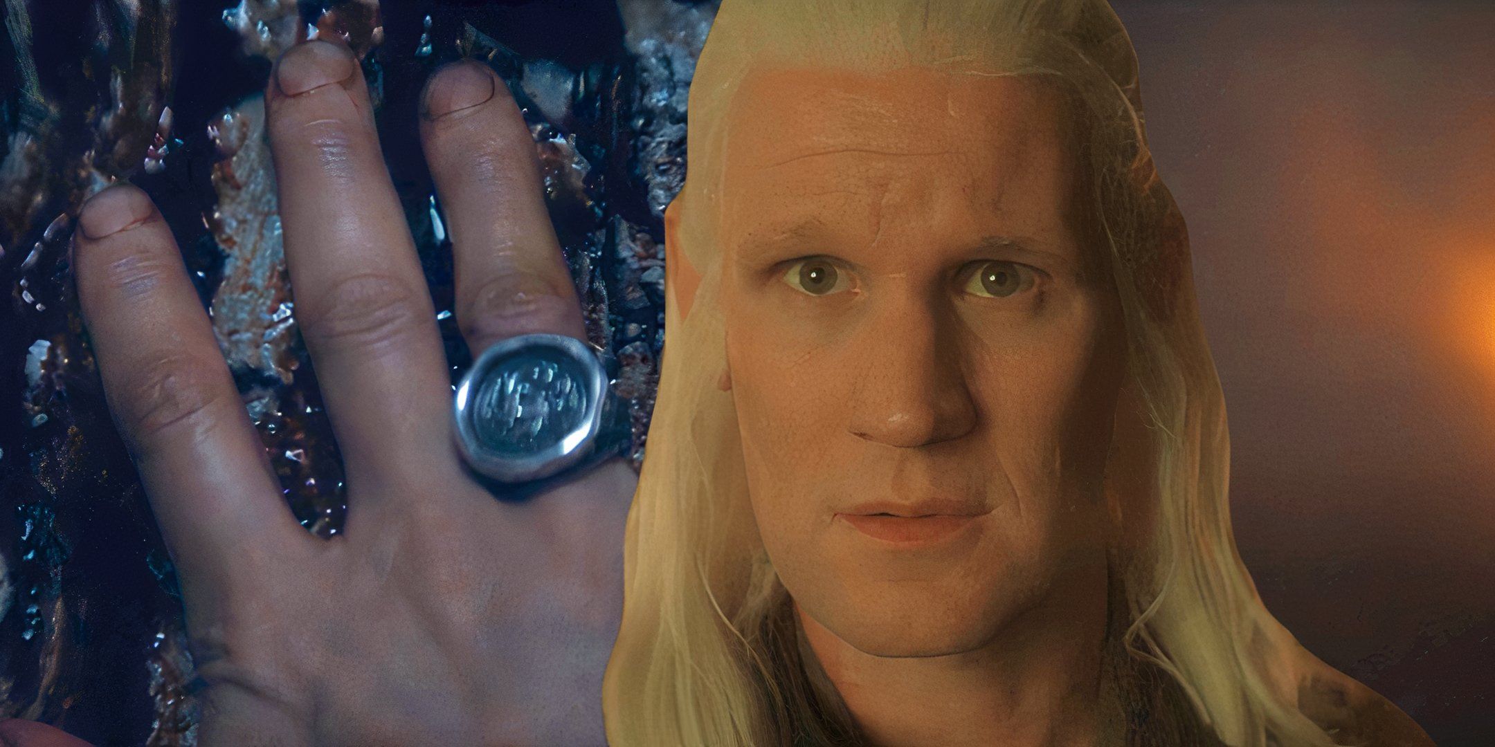 Close-up of Daemon (Matt Smith) in a vision and his hand on a weirwood tree in House of the Dragon