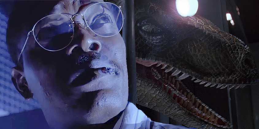 Collage of Arnold (Samuel L. Jackson) and a raptor in Jurassic Park.