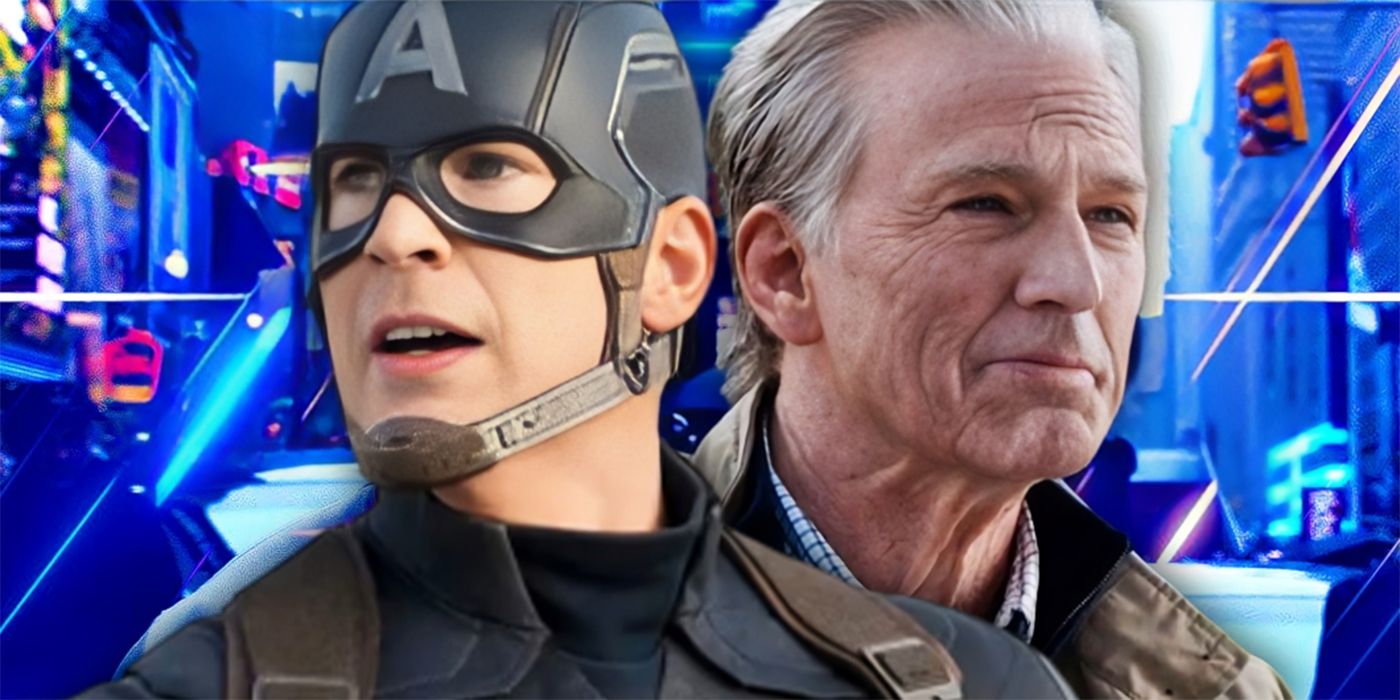 Collage of Chris Evans as Captain America and an Old Steve Rogers in Front of Times Square Background