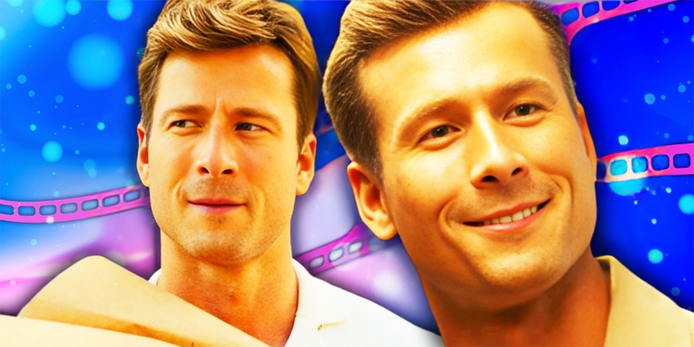 Collage of Glen Powell In front of a Pink Film Strip
