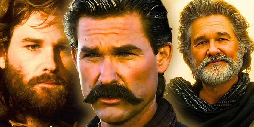 Collage of Kurt Russell in Tombstone, The Thing, and Guardians of the Galaxy