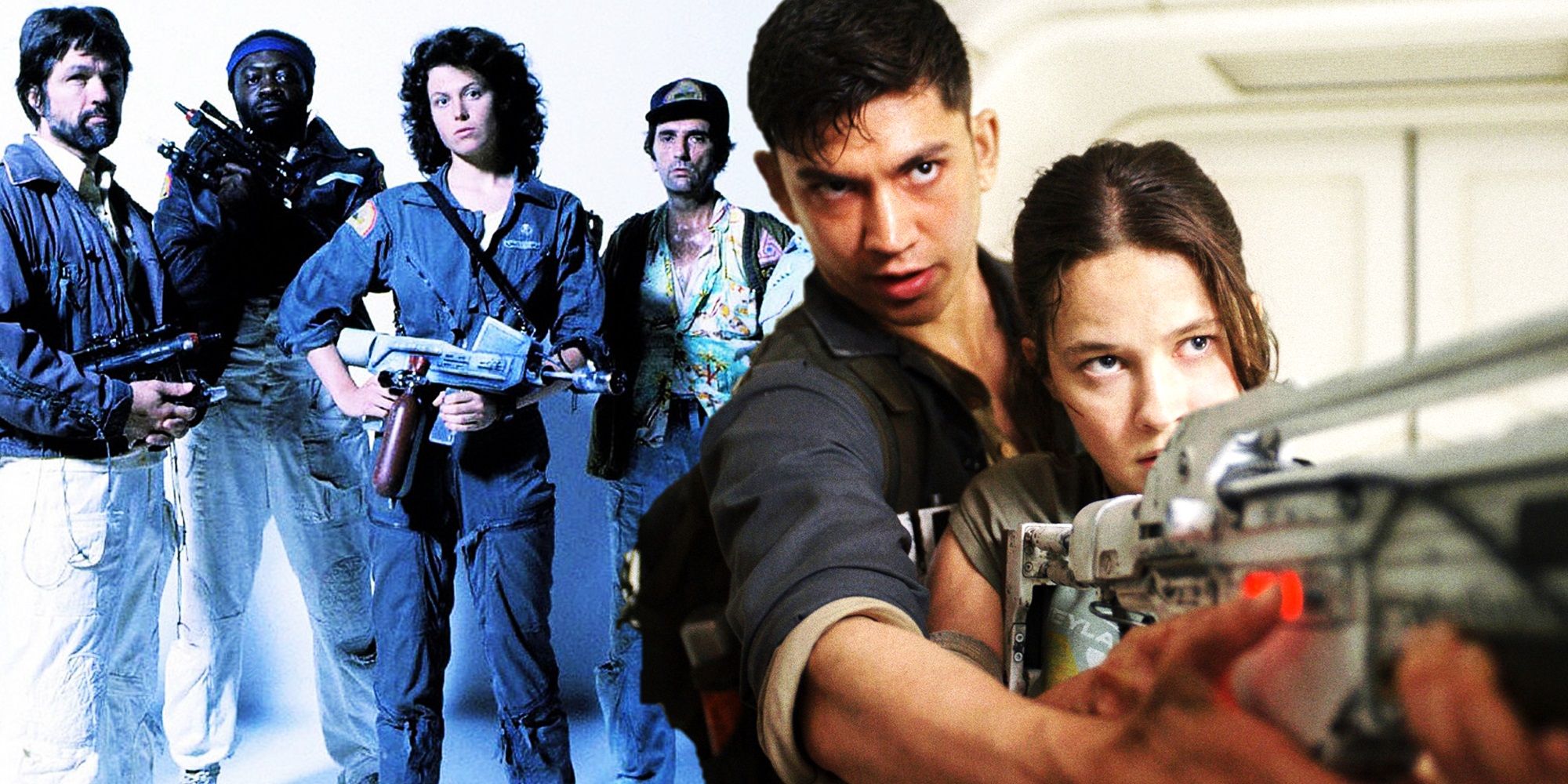 Collage of the cast of Alien 1979 and Rain with a gun in Alien Romulus