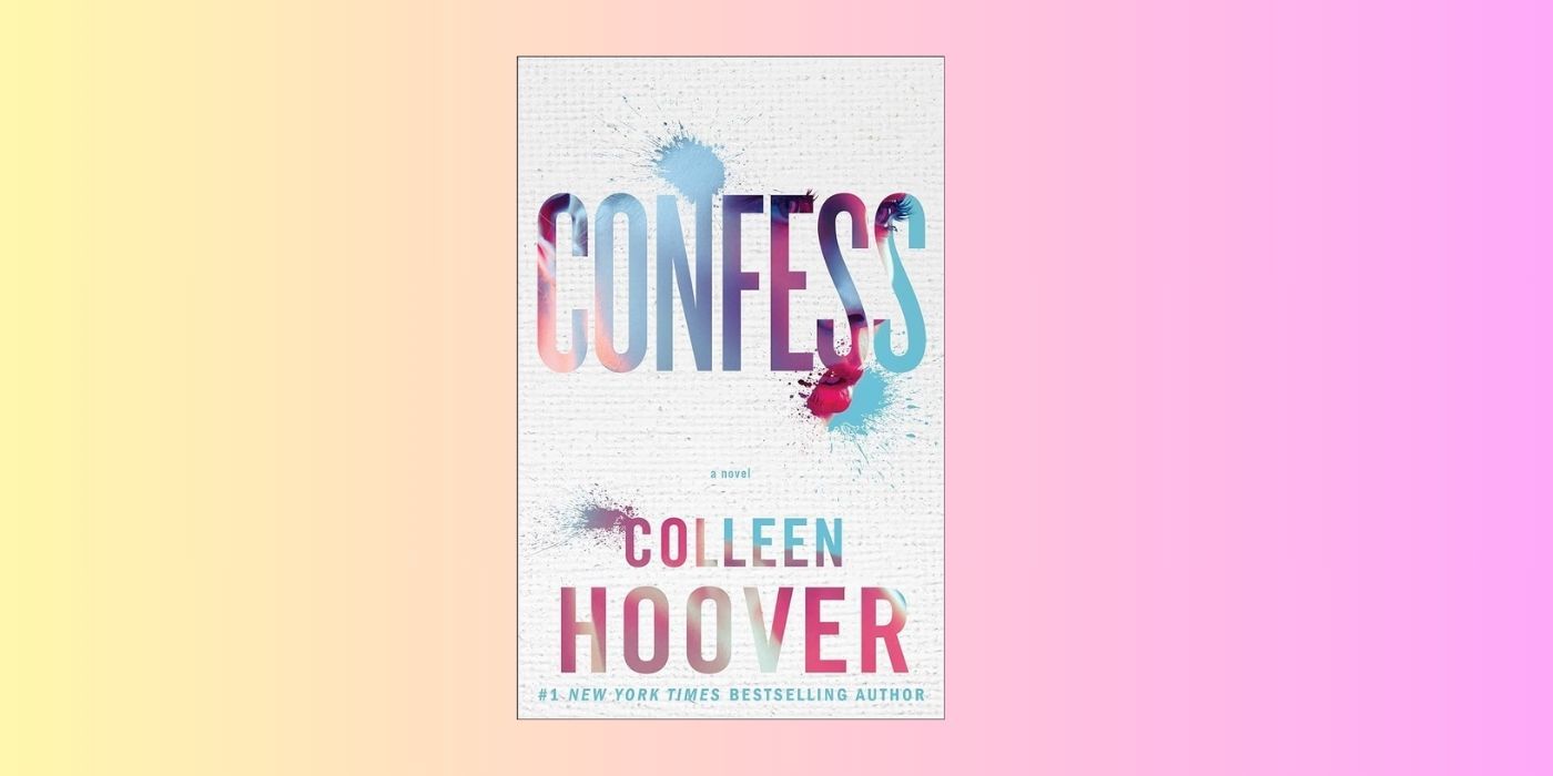 A capa de Confess de Colleen Hoover sobre um fundo amarelo e rosa