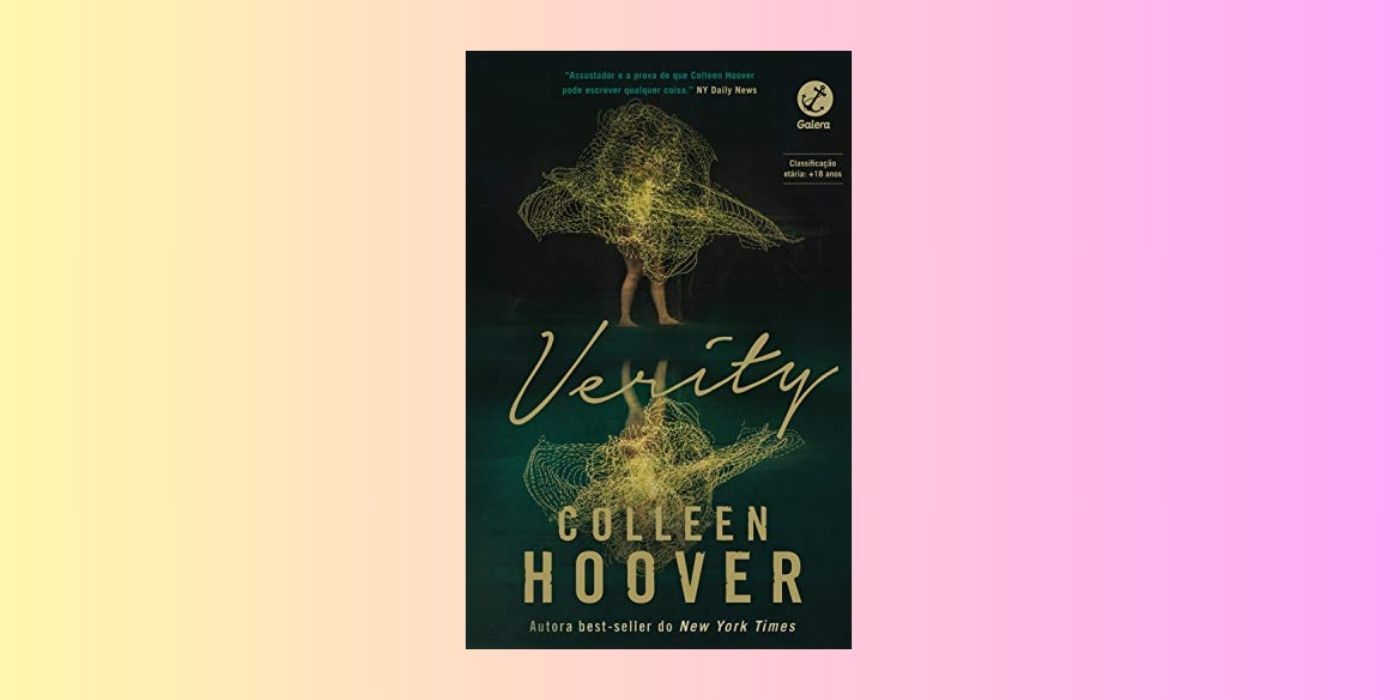 The cover of Verity by Colleen Hoover over a yellow and pink background