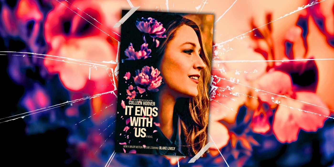 The cover of It ends With Us by Colleen Hoover is in front of flowers