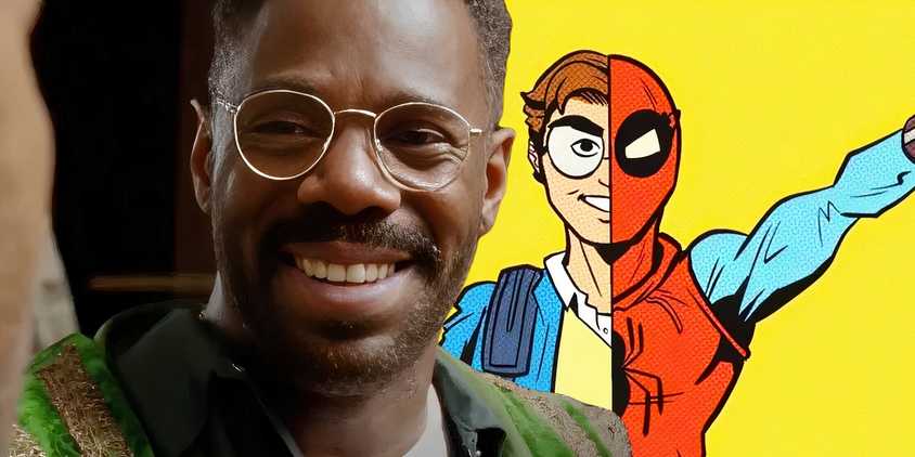 Colman Domingo smiling in front of promotional image of spider-man in your friendly neighborhood spider-man