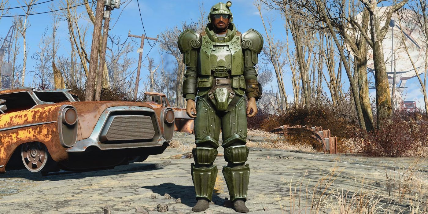 Player wearing the Combat Armor Cropped Set outside a car in Fallout 4.