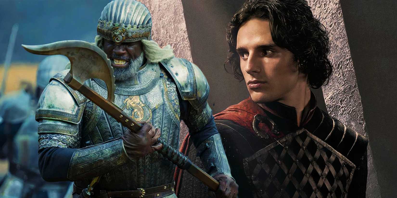 Corlys Velaryon in battle in House of the Dragon season 1 (2022) next to Jacaerys Velaryon's character poster from House of the Dragon season 2 (2024)