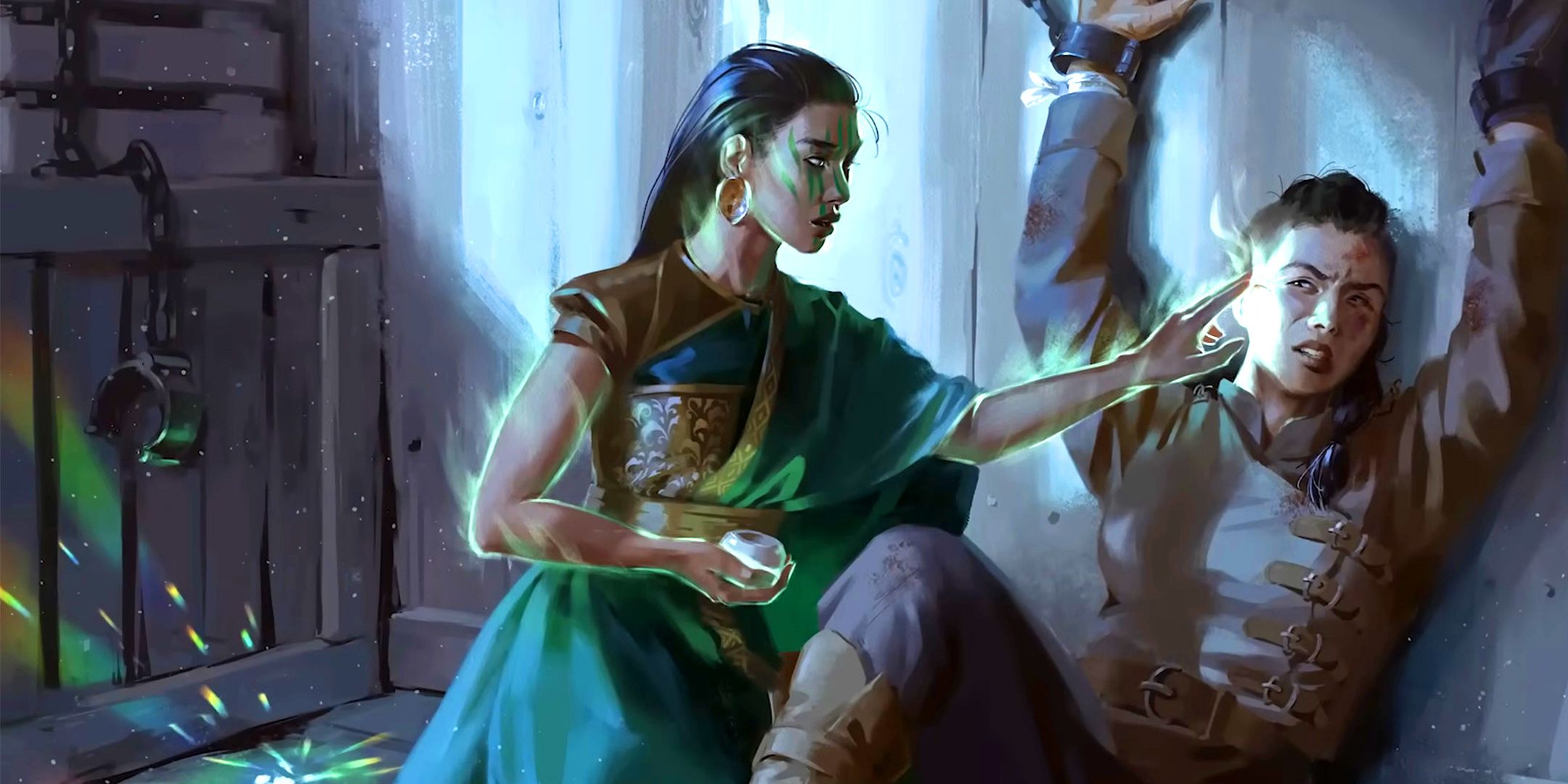 A character using magic to heal the wound of another character chained to the wall in Brandon Sanderson's Cosmere RPG.