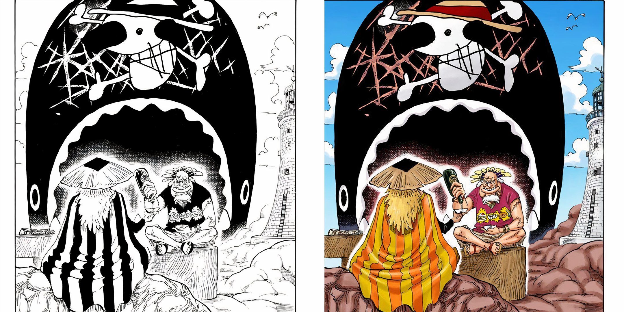 cover story of chapter 631 of One Piece showing a man drinking with crocus at twin capes