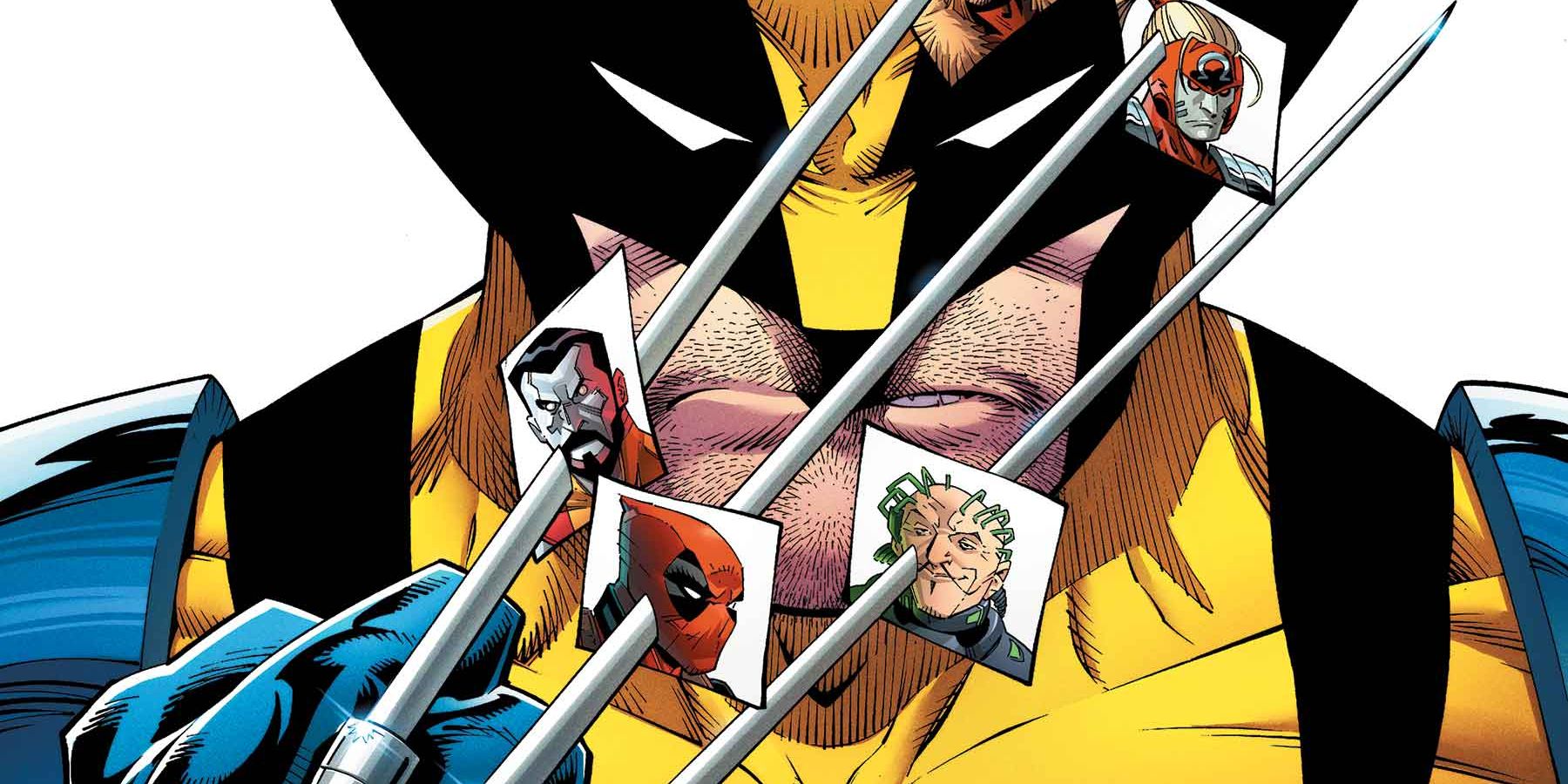 Wolverine tiene imágenes de Deadpool, Colossus, Sabretooth y Mastermind pegadas en sus garras.