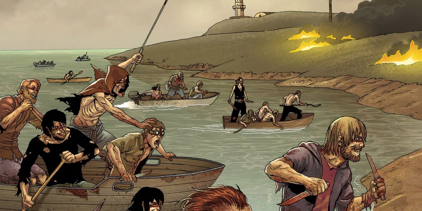 In the comic “Crossed,” an army of Cross Faces attacks a beach with various weapons.