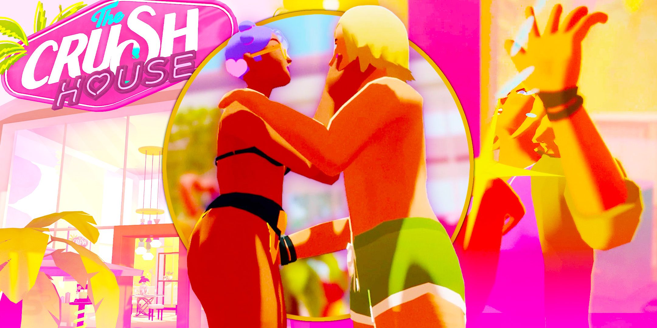 Crush House man and woman in swimsuits holding each other, the Crush House sign is to the right and the same man is being hit on the right.