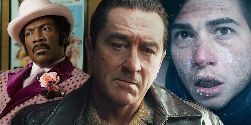 Collage of a confused Dolemite in My Name is Dolemite, a mad Frank Sheeran in The Irishman, and a frozen Numa in Society of the Snow