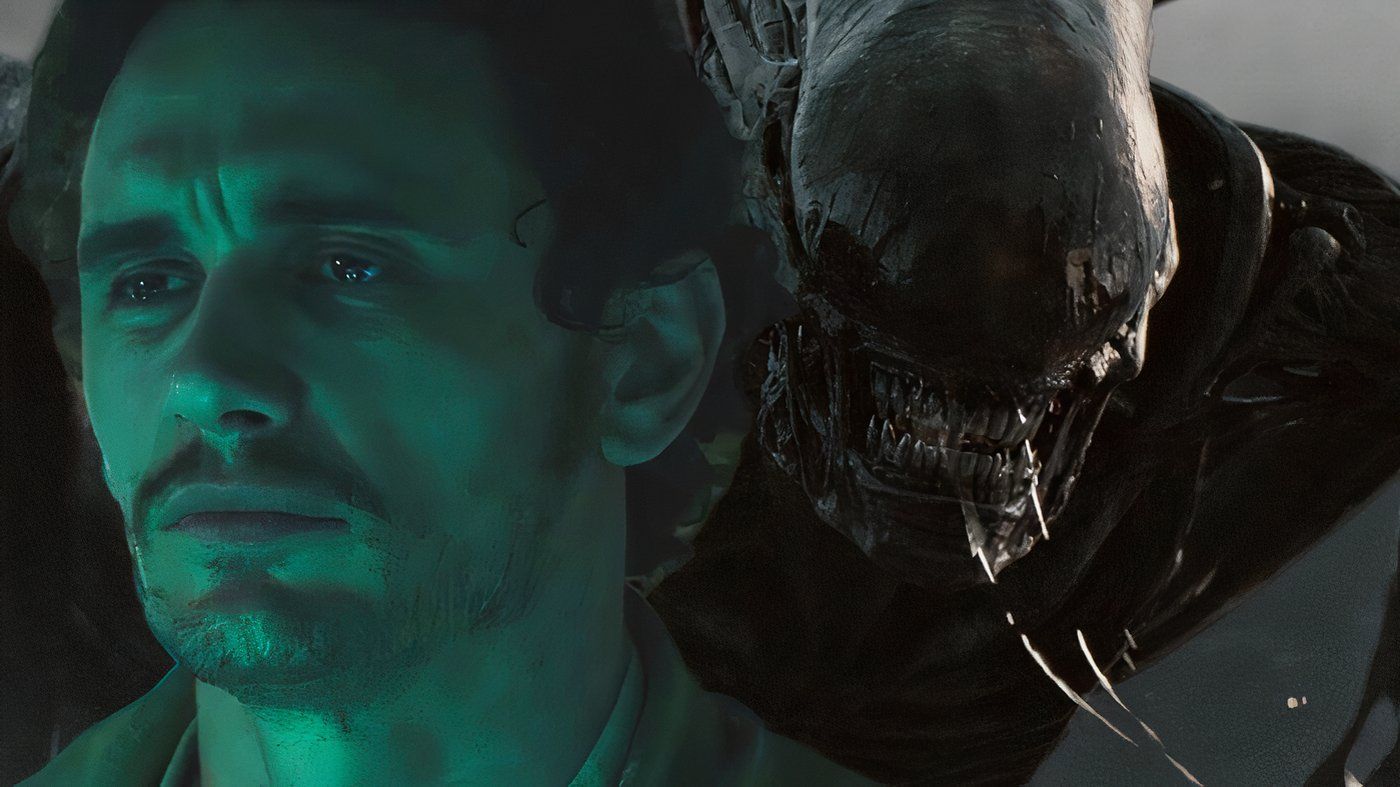 Collage image of a sad James Franco in Alien Covenant and a xenomorph behind him
