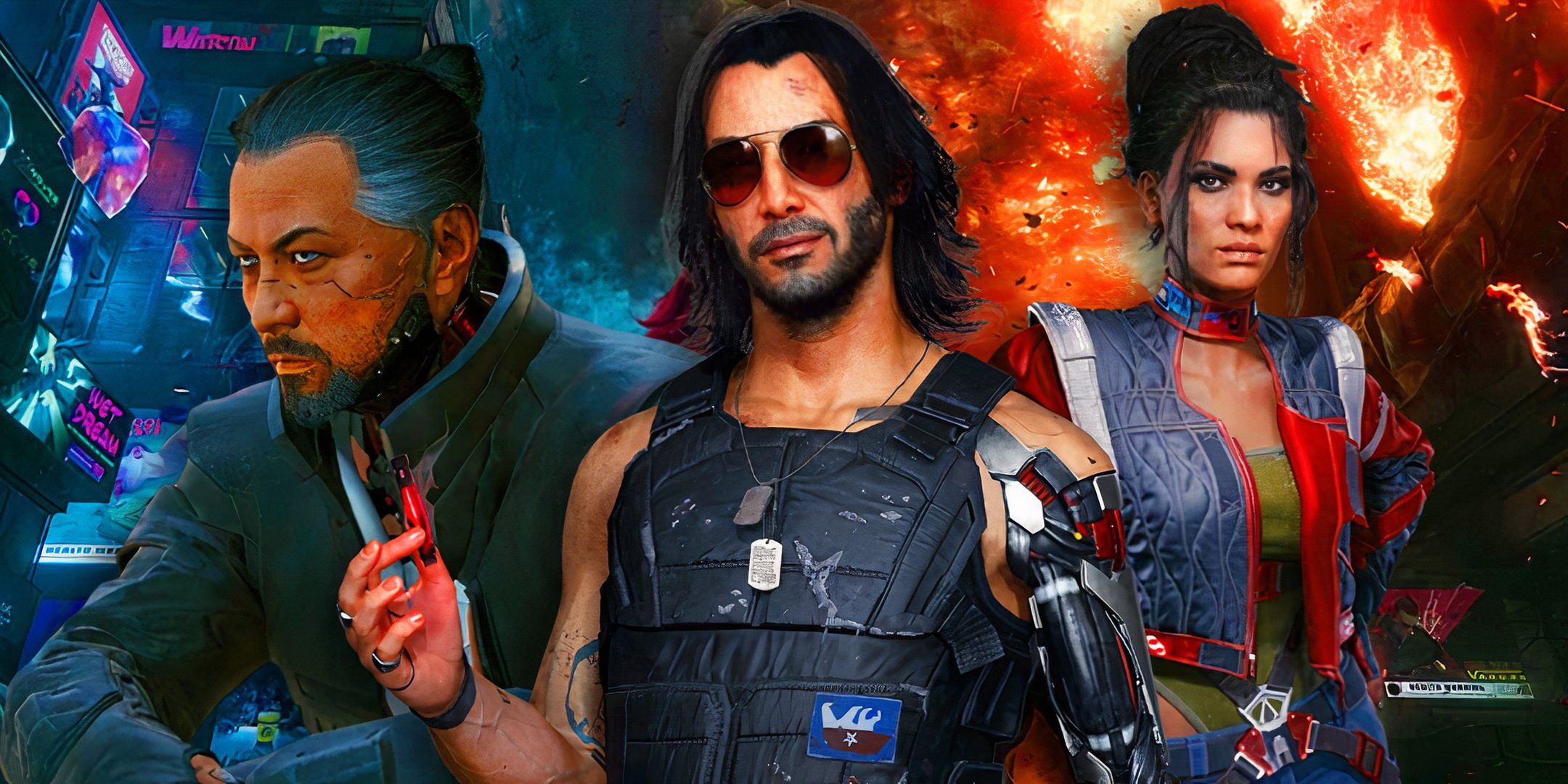 Goro Takemura from Cyberpunk 2077 on the left, Johnny Silverhand in the middle and Panam Palmer on the right.